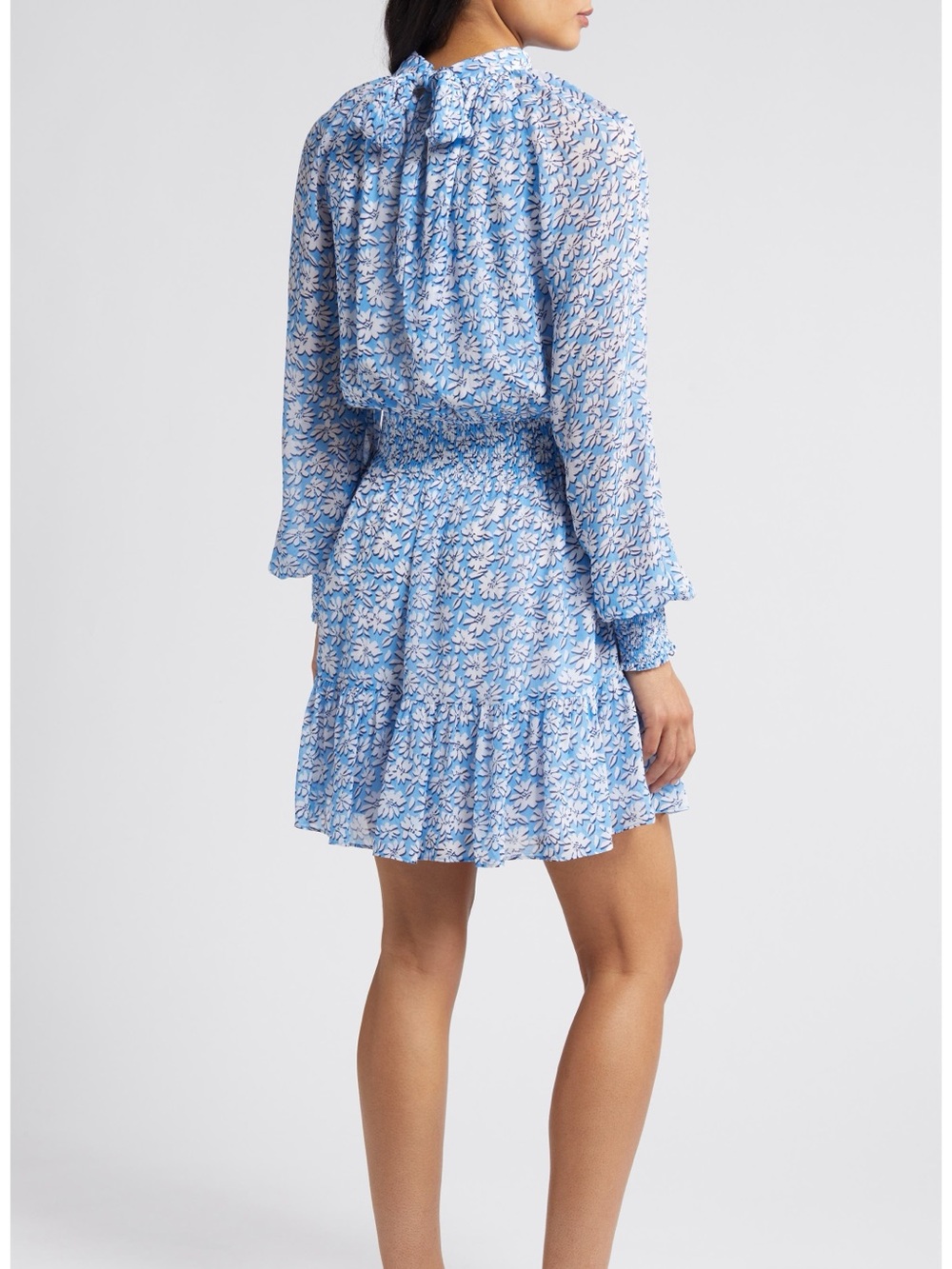 Blue and White Floral Long-Sleeve Smocked Waist Dress - Picture 2 of 6